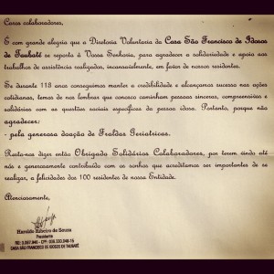 Carta de agradecimento do asilo Casa São Francisco de Idosos de Taubaté pelas doações de fraldas geriátricas, no Café com Tênis de 12/04